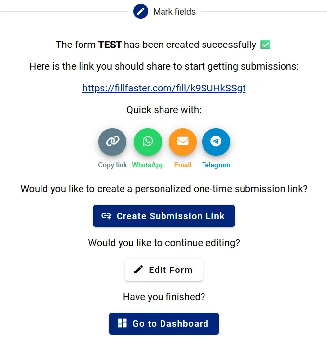 Popup window showing the generated link for the form