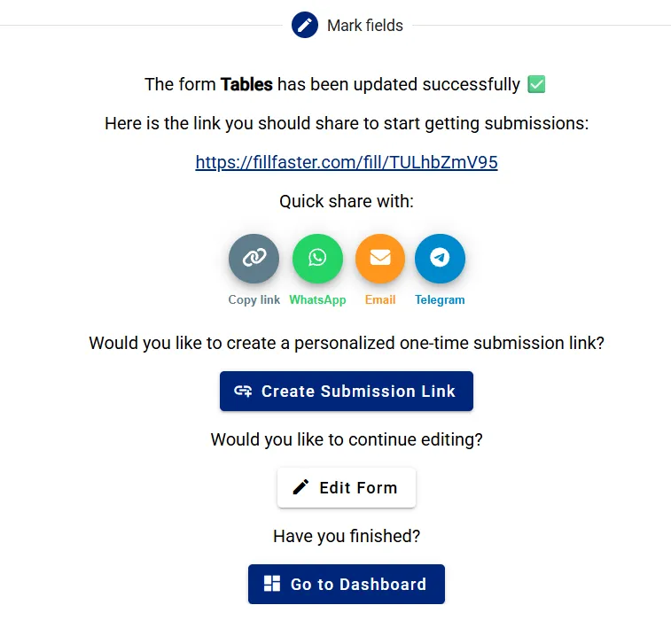 The modal showing the generated submission link and sharing options