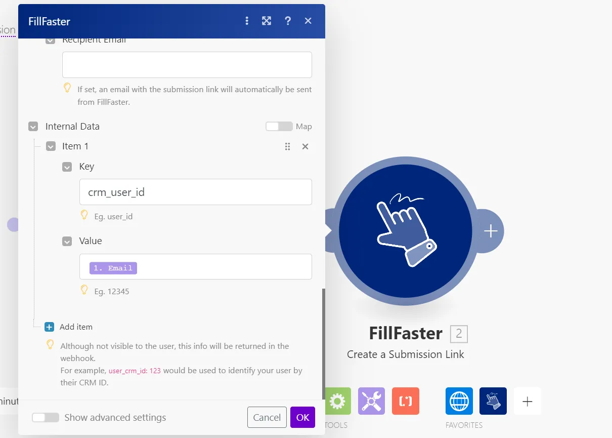 Example of adding a CRM user ID as internal data