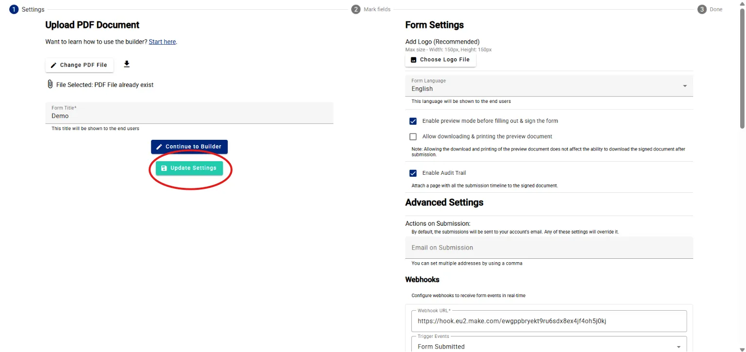 Continue building button in the form builder