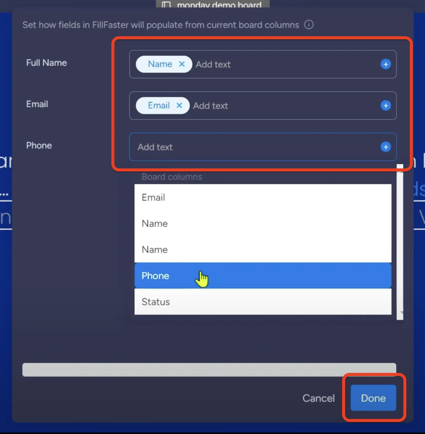 Mapping monday.com item data to the FillFaster form fields