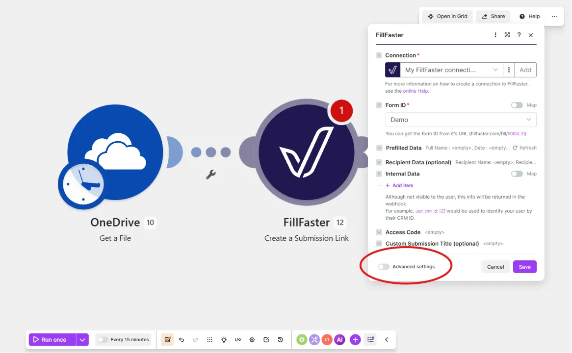 Turn on advanced settings in Make.com