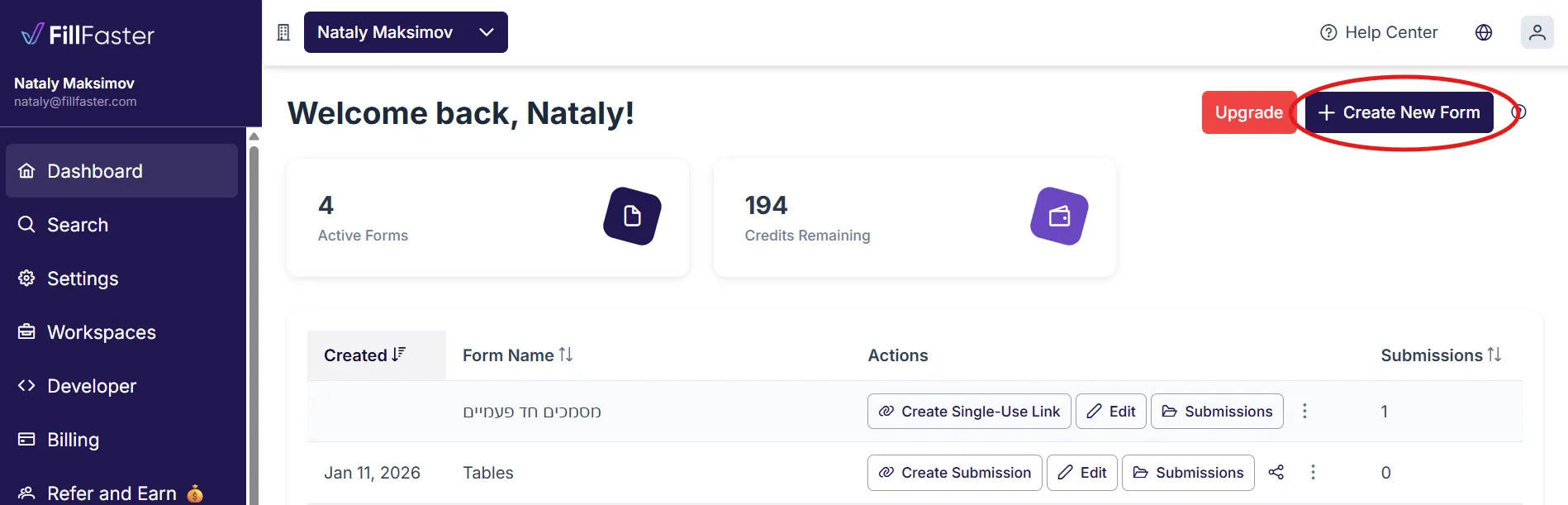 Dashboard screen showing the 'Create A New Form > Create A Template Form' button highlighted