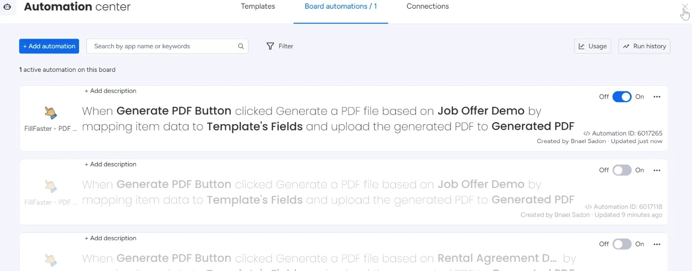 The new automation visible in the board's automation list