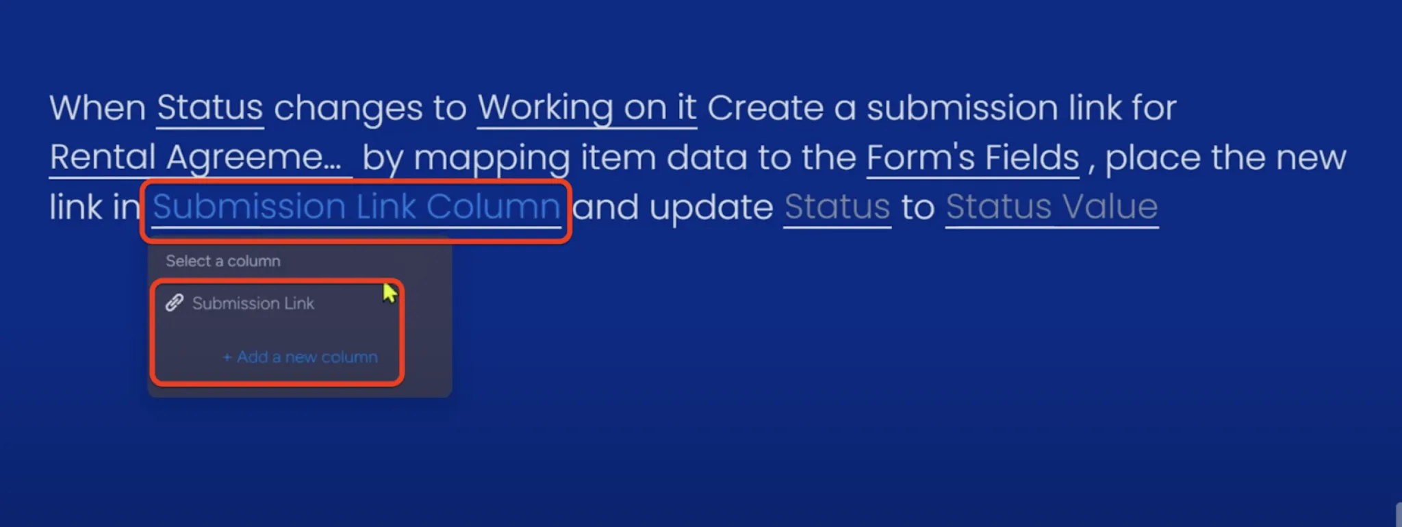 Selecting the 'Submission Link' column to place the generated link