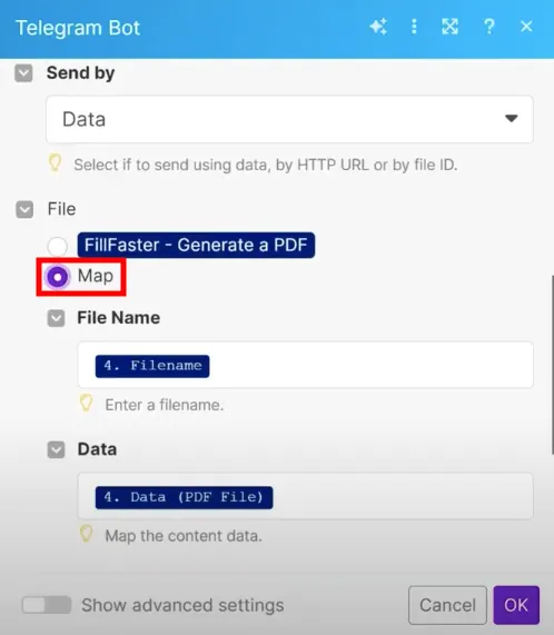 Mapping the generated PDF file to a subsequent action like sending an email