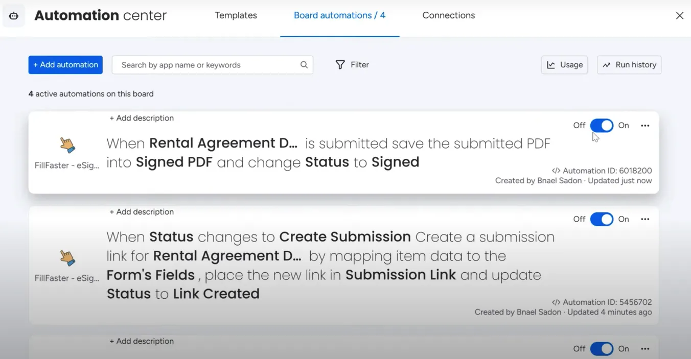 The new automation is now visible in the board's automation list