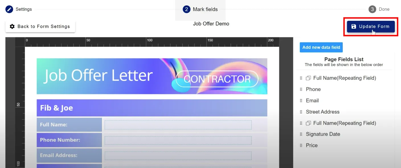 Updating the form in the form builder