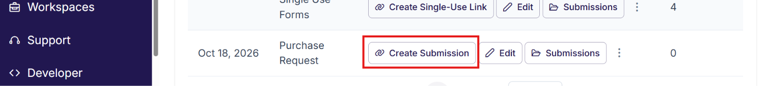 The Create Submission button next to the template in the dashboard