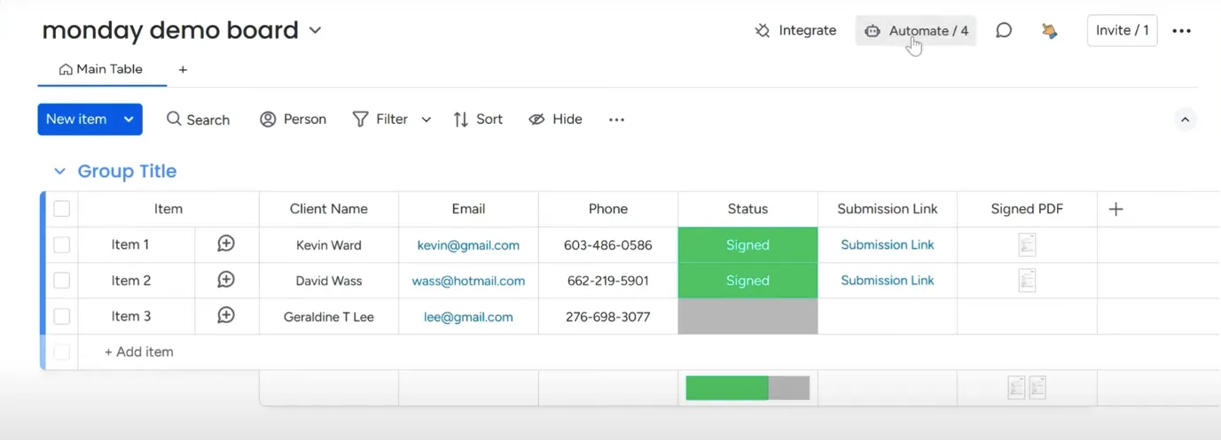 The 'Automate' button on the monday.com dashboard