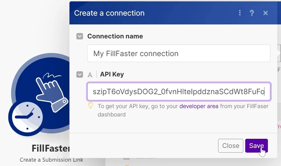 Pasting the API token into Make.com